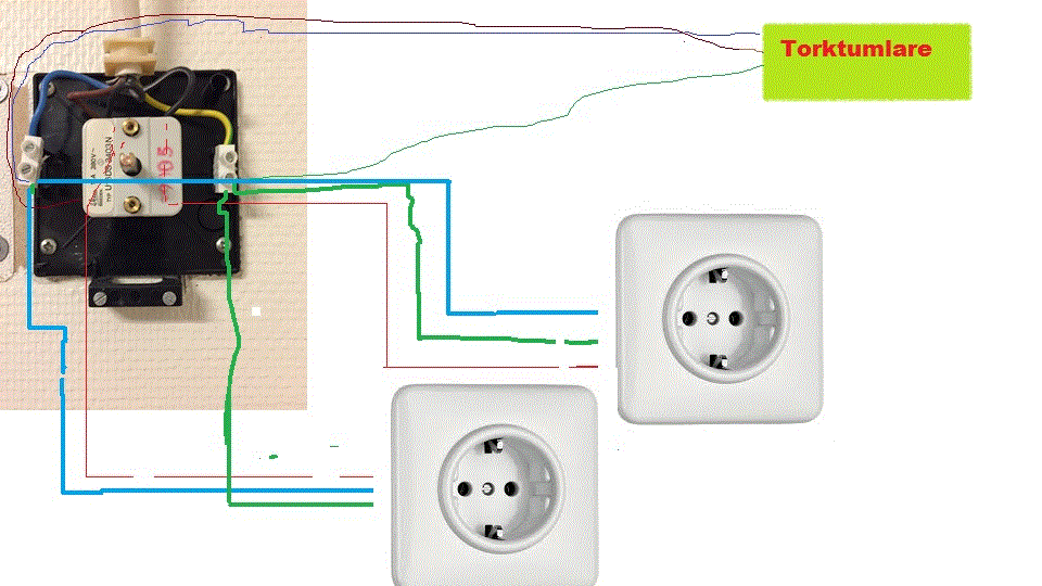 Elektrisk kopplingsschema som visar en dosa och två eluttag med märkning för torktumlare.