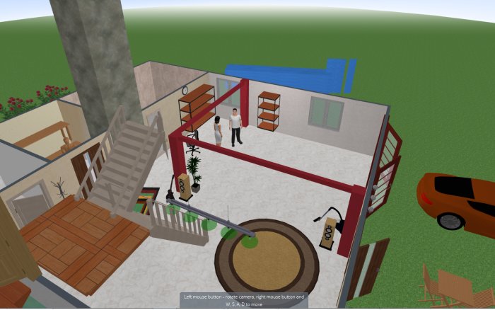 3D-skiss av källare med betongväggar, trappa, möbler och figuriner som representerar människor.