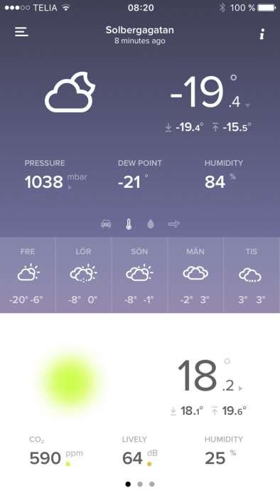 Väderappskärm som visar temperatur -19°C, tryck 1038 mbar och luftfuktighet 84% i Norrköping.