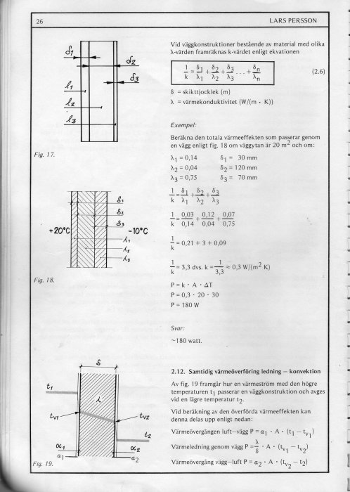 Skärmdump av en sida från en lärobok med diagram och formler som förklarar värmeöverföring genom en väggkonstruktion.
