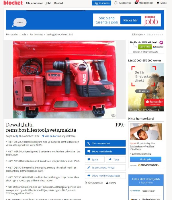 Samling verktyg från varumärken som Hilti och DeWalt i öppen röd verktygslåda, annonserad för försäljning.