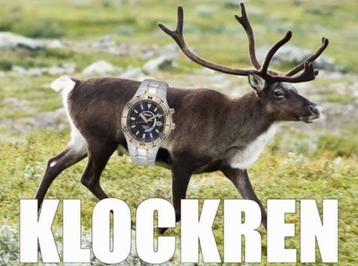 Ren med ett armbandsur monterat på hornet och ordet "KLOCKREN" i stor text under.