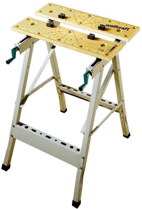 Ny Wolfcraft Master 100 arbetsbänk, hopfälld och portabel med mått och klämmor.