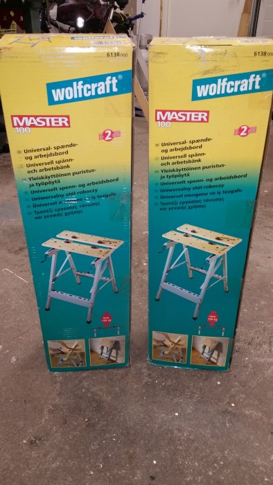 Två nya förpackade Wolfcraft Master 100 arbetsbänkar till salu.