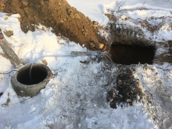 En grävd grop i snöigt landskap som visar ett avloppsrör och en öppen brunn med en slang i.