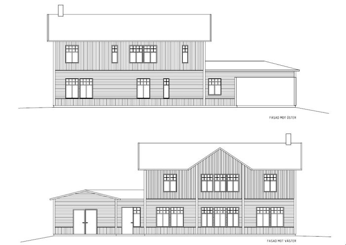 Fasadritningar av ett tvåvåningshus med öster- och västerutsikt, inkluderar garage och flera fönster.