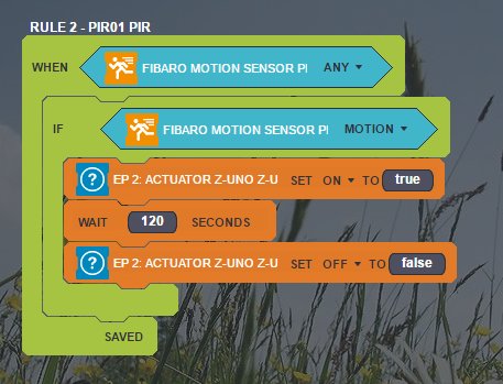 Skärmdump av programmeringsregel i hemautomatiseringssystem med Fibaro Motion Sensor för att styra en Z-Uno-aktuator.