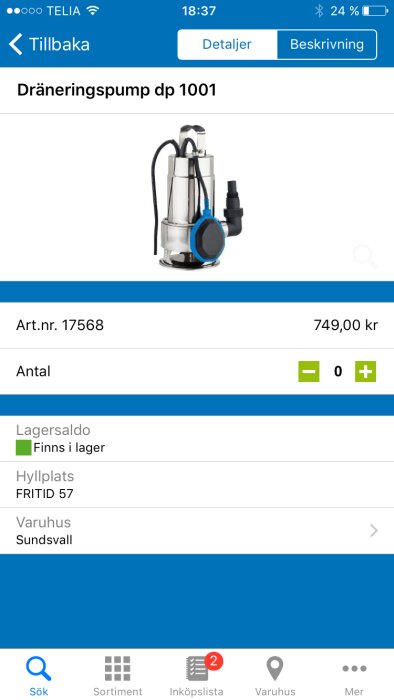 Dräningspump dp 1001 isolerad på vit bakgrund, pris och artikelnummer visas.