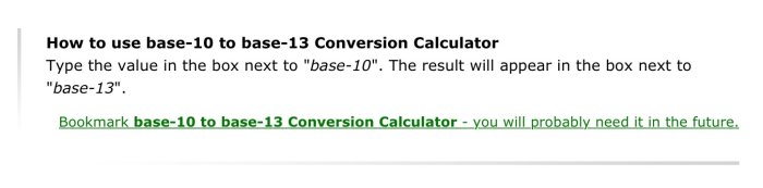 Instruktion för att använda en bas-10 till bas-13 konverteringskalkylator med bokmärkesuppmaning.