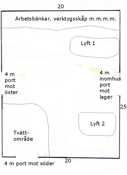 Skiss av planlösning för en bilverkstad med markerade positioner för lyftar, portar och arbetsbänkar.