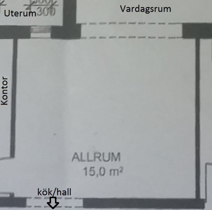 Planritning av hem, märkt på svenska, visar allrum, kök/hall, kontor, vardagsrum och uterum.