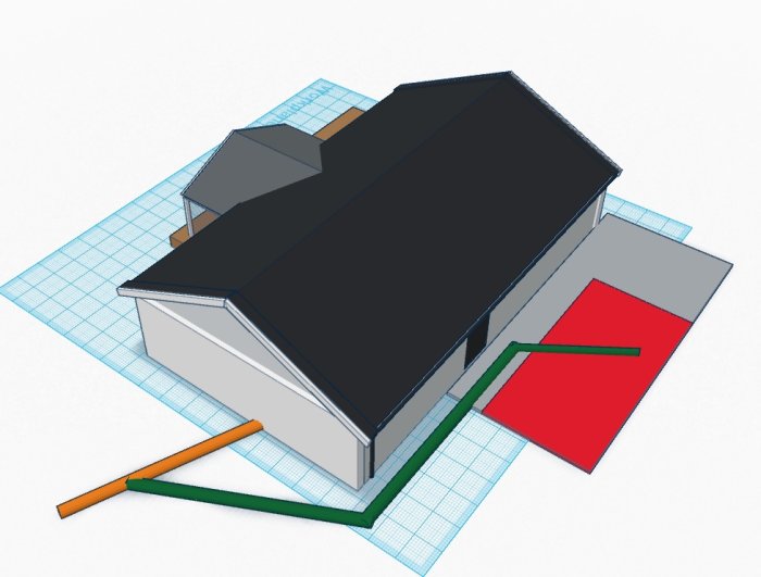 3D-modell av hus med markerade områden för garage (rött) och tillbyggnad (grått) på rutnätbakgrund.