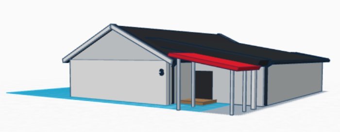 3D-modell av ett hus med angränsande garage markerat i rött och carport framför.