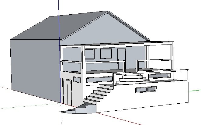 3D-modell av hus med snedtak, altan och trappa i Sketchup.