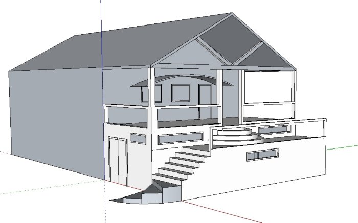 Sketchup-modell av hus med snedtak, altan och trappa.