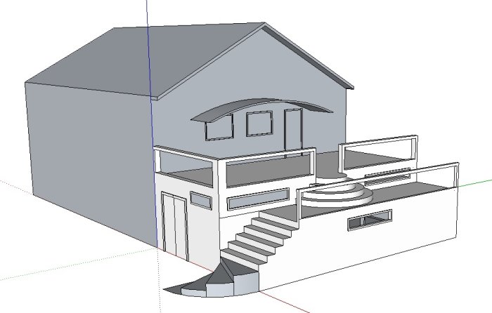 Datorgenererad 3D-modell av ett hus med snedtak, altan och trapp.