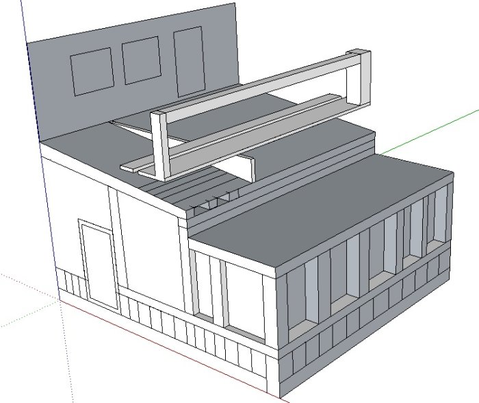 3D-skiss av hus med snedtak, altan, trappa och tak över dörr och fönster.