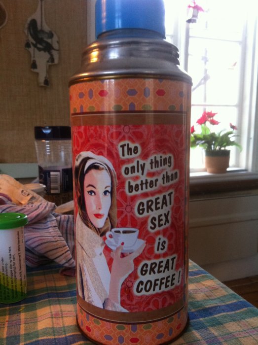 Termos med retrodesign och texten "The only thing better than GREAT SEX is GREAT COFFEE" framför ett fönster.