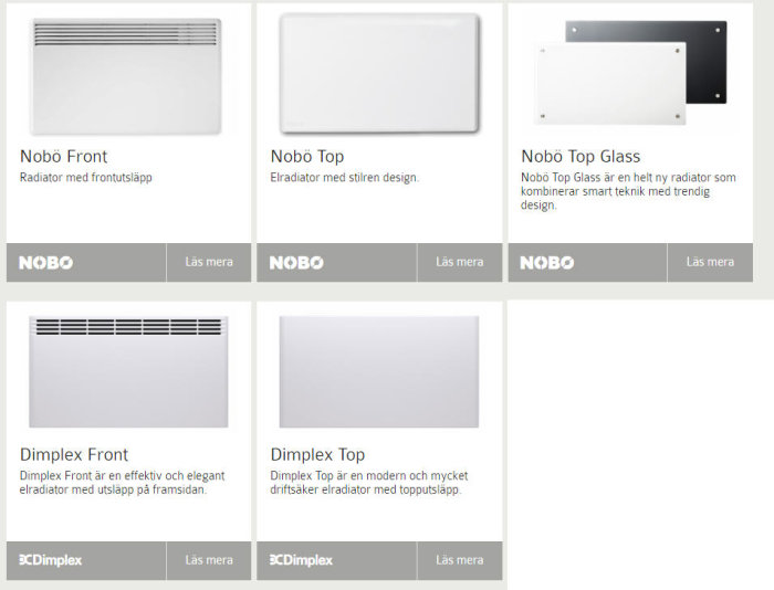 Olika modeller av elradiatorer från Nobö och Dimplex, vissa med frontutsläpp andra med topputsläpp.