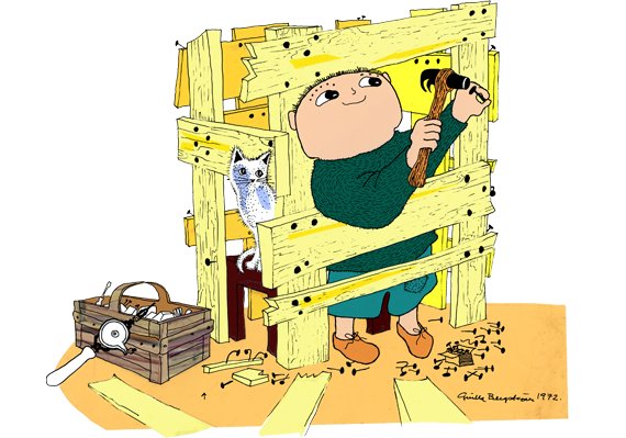 Animerad bild av en pojke som bygger en trähelikopter tillsammans med en katt och en radio bredvid.