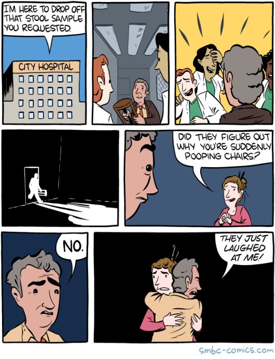 Seriebild av man som lämnar avföringsprov på sjukhus och blir utskrattad för sin ovanliga åkomma.