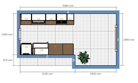 Ritning av planlösning för köksrenovering med numrerade köksenheter och måttangivelser.