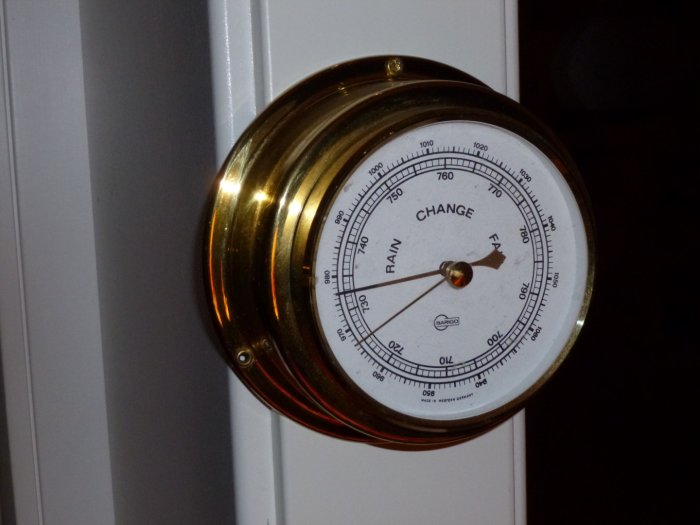 Barometer med låg tryckavläsning, väggmonterad, indikerar extrema väderförhållanden.