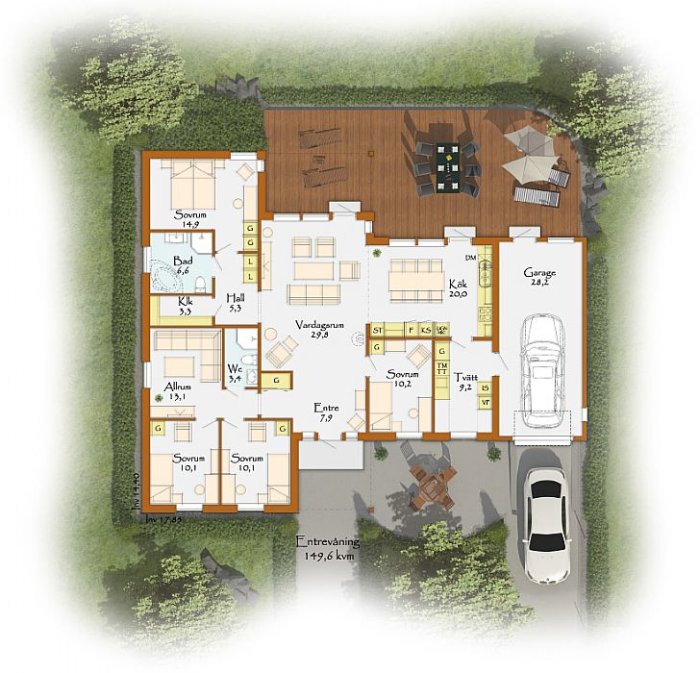 Översiktsbild av en villa med planlösning, inkluderar flera rum såsom kök, vardagsrum och två badrum.