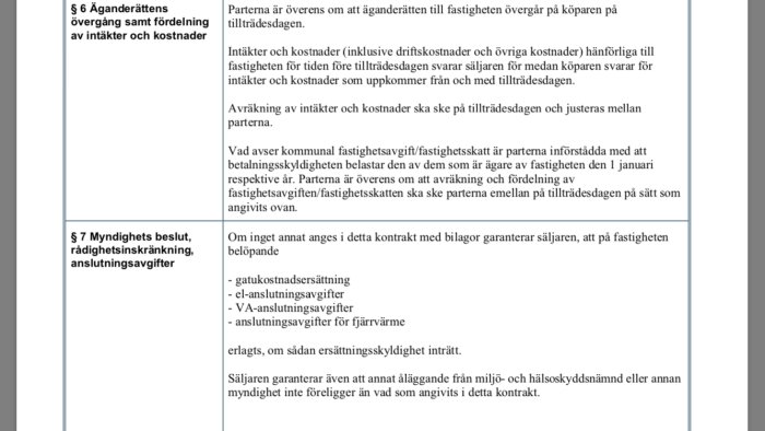 Utdrag ur köpeavtal som behandlar ägarättsövergång och kostnadsfördelning mellan köpare och säljare.