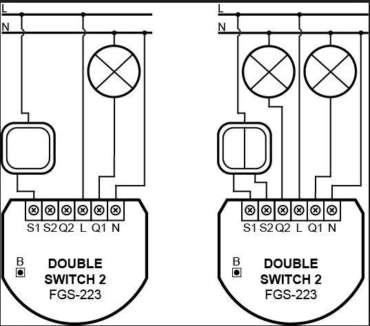 Två elektriska kopplingsscheman för Fibaro Double Switch 2 som visar olika sätt att koppla brytare och laster till S1 och L.