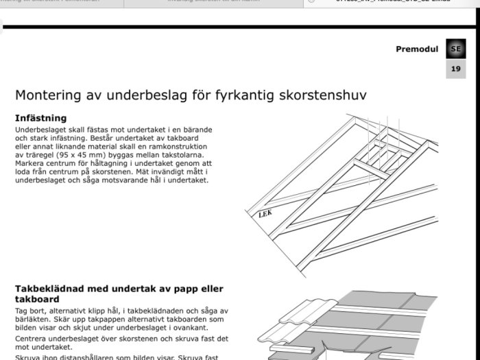 Ritning över montering av underbeslag för skorsten på tak med text och anvisningar.