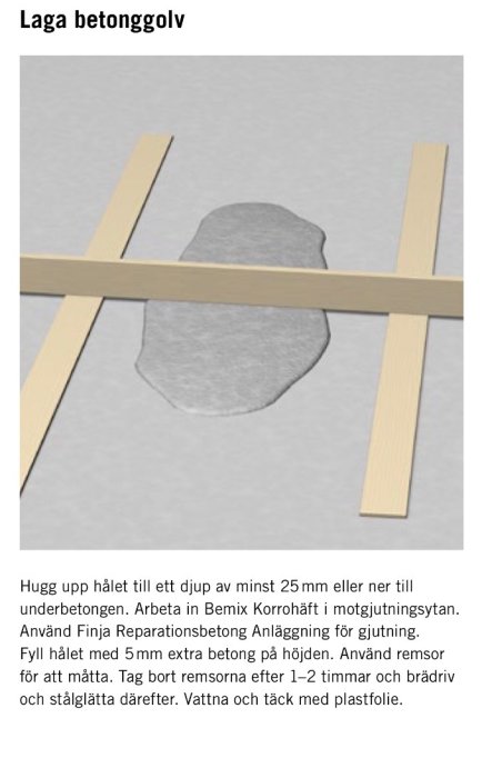 Illustration visar steg för att laga betonggolv med två träreglar och överfylld betong som ska jämnas med stålglättningsverktyg.