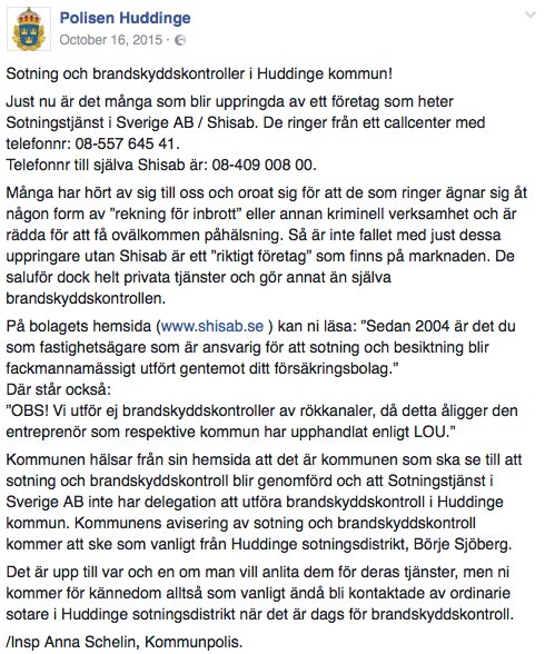 Skärmdump av ett Facebook-inlägg från Polisen Huddinge om sotning och brandkontroller, varnar för oseriösa företag.