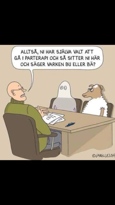 Tecknad bild av terapisession med ett spöke och ett får som tittar på en terapeut som talar.