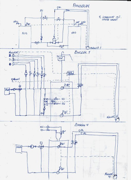 Handritad skiss över värmesystem med anmärkningar för byggnader och kulvertar.