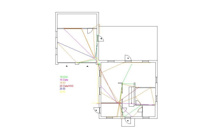 Sektionsritning med färgkodade linjer för rördragningen av el, data och KNX i en byggnadsplan.