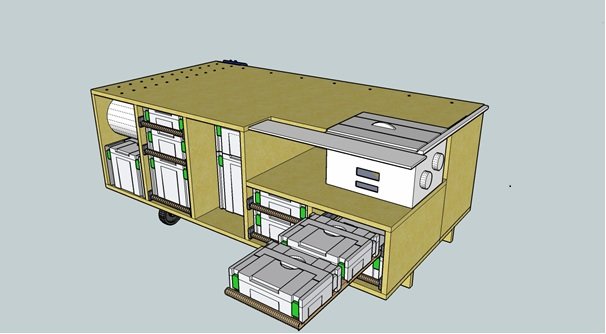 3D-modell av en multifunktionell arbetsbänk med integrerad bordssåg och utdragbara förvaringslådor.