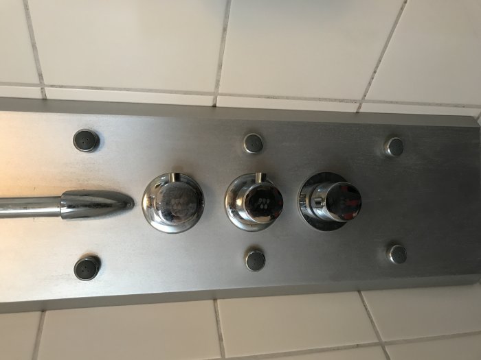 Framsidan av en duschpanel med tre reglage, det mellersta misstänks läcka.