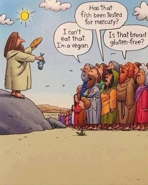 Tecknad bild av en biblisk karaktär som delar ut bröd till en folkmassa som frågar om dietrestriktioner.