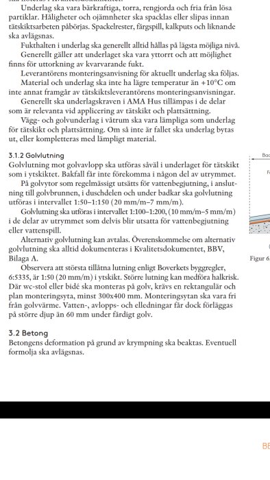 Dokumentutdrag om golvlutningsregler med grafisk illustration av korrekt lutning mot golvbrunn.