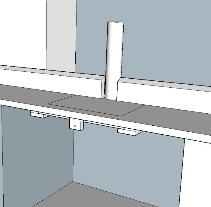 3D-modell av arbetsbänk med utskuret hål och monterad plywood under för justerbar borrmontering.