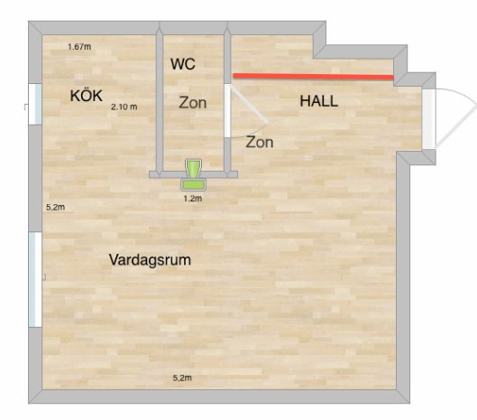 En planritning av en bostad som visar kök, hall, WC och vardagsrum samt dimensioner för en ombyggnad.