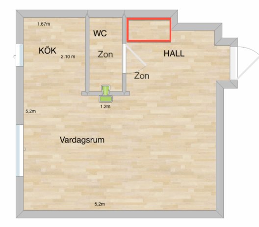 Plant ritning av en hall angränsande till kök och vardagsrum markerad för skjutdörrar eller garderob.