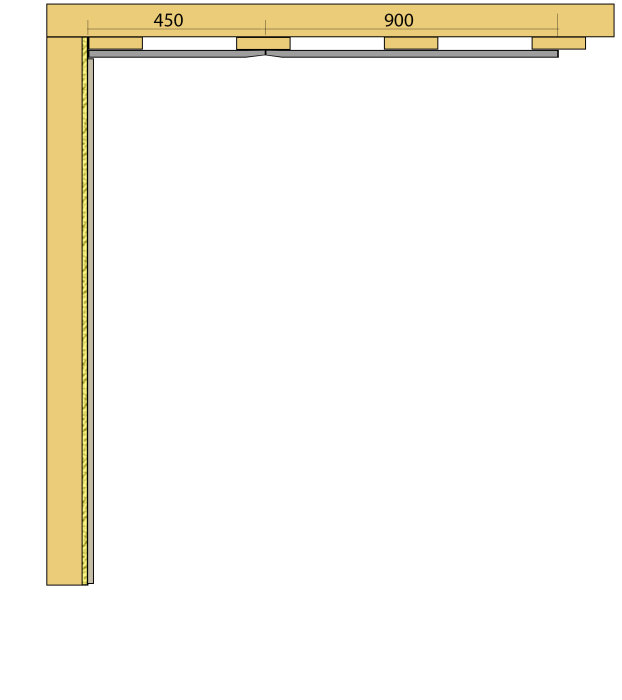 Schematisk illustration av en vägg med markerade mått för gipsskivor och reglar, anvisningar för uppdelning.