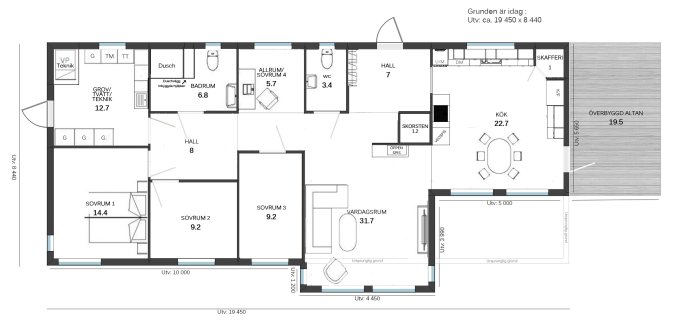 Arkitektonisk planlösning av hus med kök, vardagsrum, badrum, sovrum och hall markerade med mått.