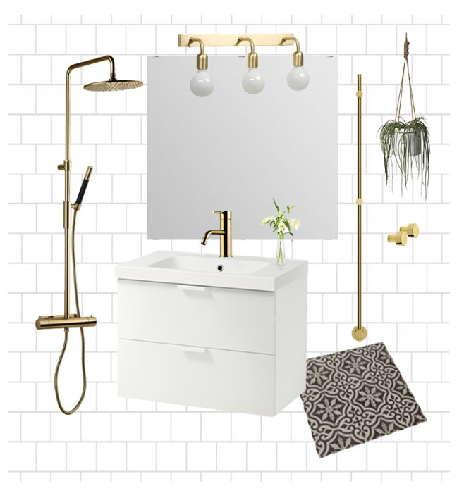 Moodboard för badrumsrenovering med polerade mässingdetaljer, vit kommod, spegel och marockanskt klinkers.