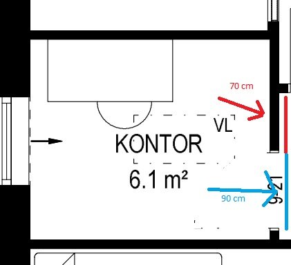 Ritning av kontor med markerad dörröppning på 70 cm och angränsande vägg på 90 cm.