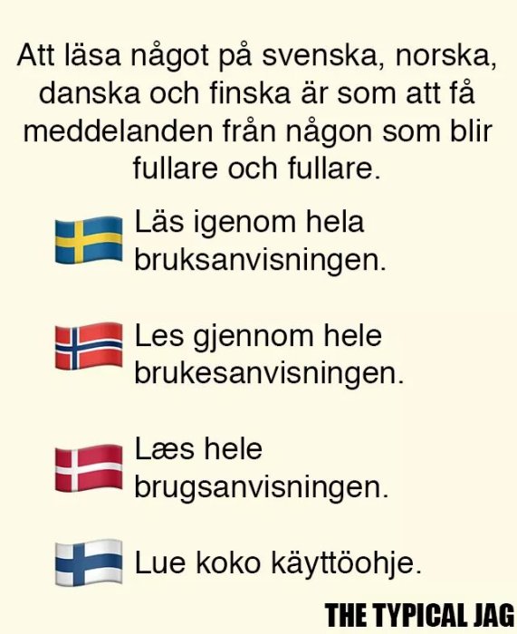 Textmeme om svårighetsgraden i att förstå skandinaviska språk och finska, med flaggor som indikatorer för varje språk.