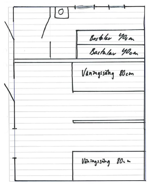 Enkel handritad skiss av planlösningen för ett gästhus med bastu.