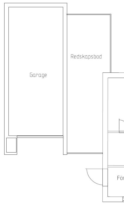 Skiss av enplanshus med intilliggande garage och förråd planerat för ombyggnad till bostadsutrymme.